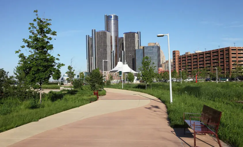 Detroit River Walk as seen looking towards the GM Renaissance Center