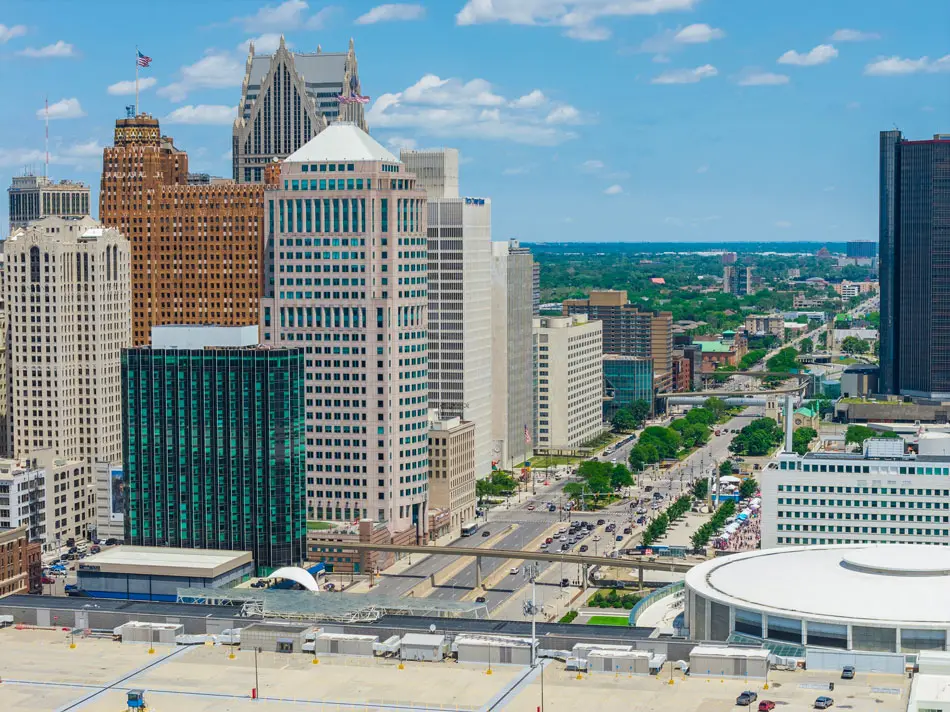 Aerial shot of skyscrapers and office buildings in the skyline in downtown Detroit, MI