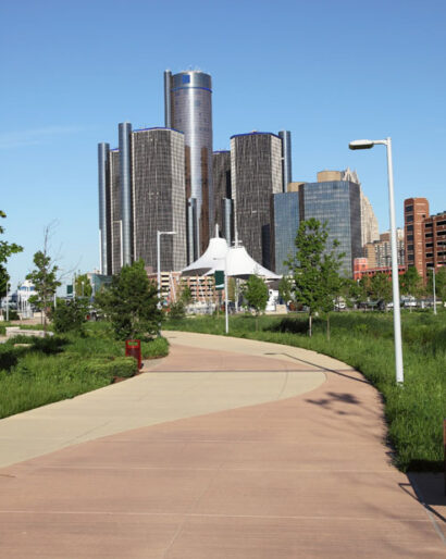 Detroit River Walk as seen looking towards the GM Renaissance Center